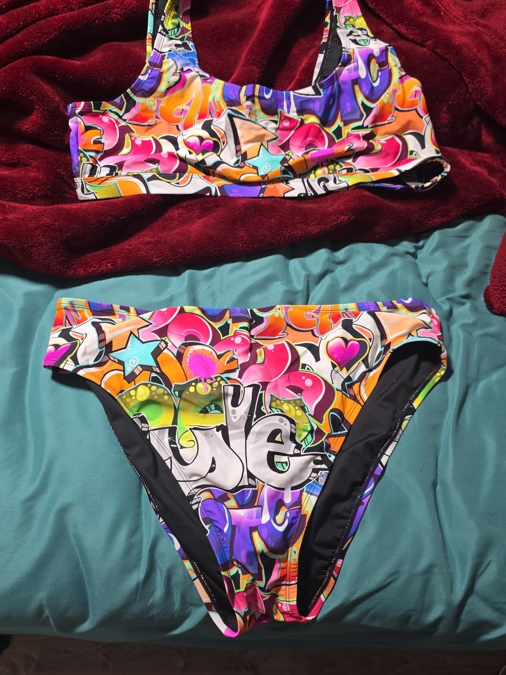 Fashion Nova Multicolor Graffiti Print Bikini Set